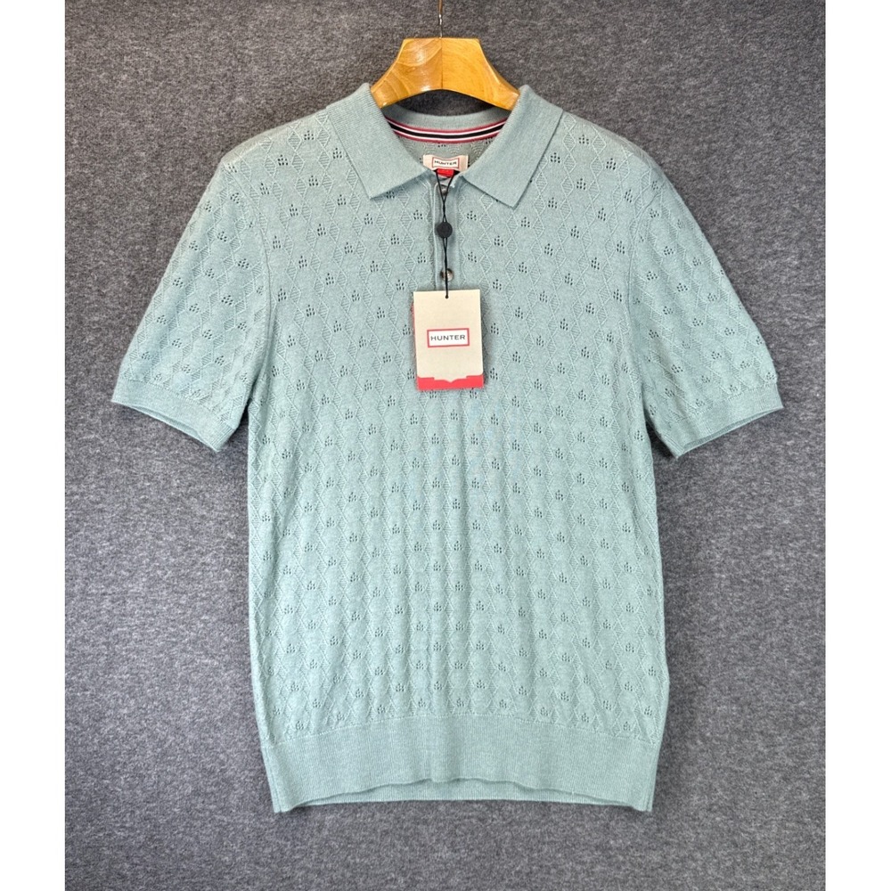 Hunter Pointelle Knit Polo Shirt Mens S Iceberg Green New Wool Cashmere Blend